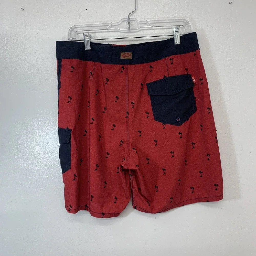 Van Novelty Board Shorts Men 32 Palm Trees Red Stretch Beach Vacation Inseam‎ 7